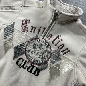 Vtg‎ Point Zero 1/4 Zip Fleece Pullover Mens M Cream Initiation Club Graphic Y2K